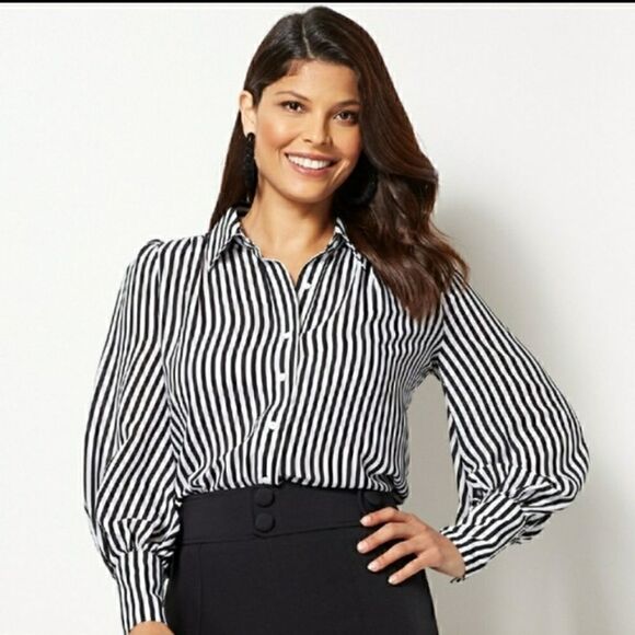 eva mendes for New York & Company Tops - Take 50% OFF -Eva Mendes Stripped Long-sleeved Shirt, Size XS